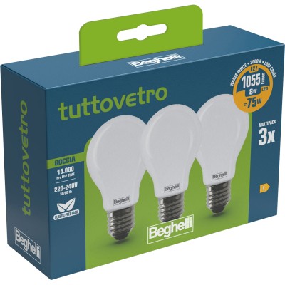 BEGHELLI LED GOCCIA E27  8W 58050 CALDA 3000K 3 PZ
