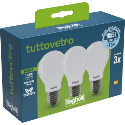 BEGHELLI LED GOCCIA E27  8W 58052 FREDDA 6500K 3 PZ
