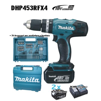 MAKITA TRAPANO C/PERC DHP453RFX4 18V LXT + 74 ACC